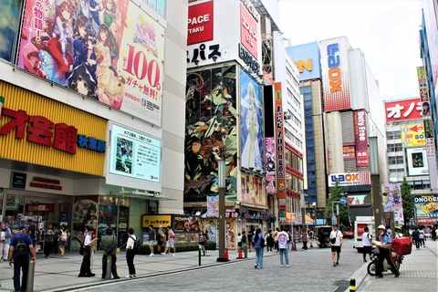 Groupe de jeunes adultes explorant Akihabara, un important quartier commerçant d'anime et de jeux vidéo au Japon